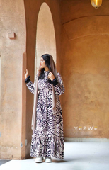 Yezwe Modest Wear Maxi Dress in Zebra Print with Flared Skirt and Long Sleeves