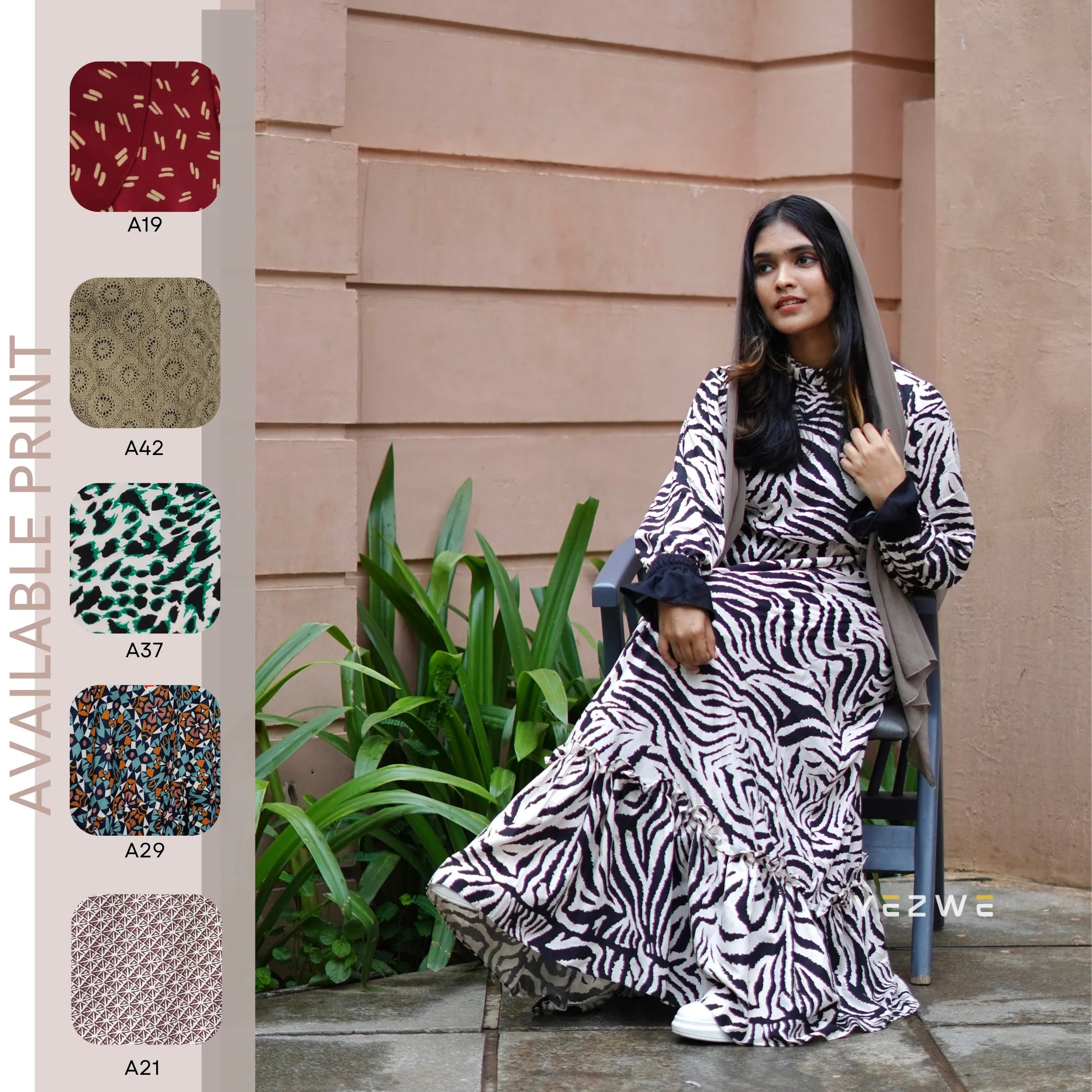 Yezwe Tiger Print Beige Maxi Dress with Ruffle Elastic Sleeve - Modest Wear - YEZWE