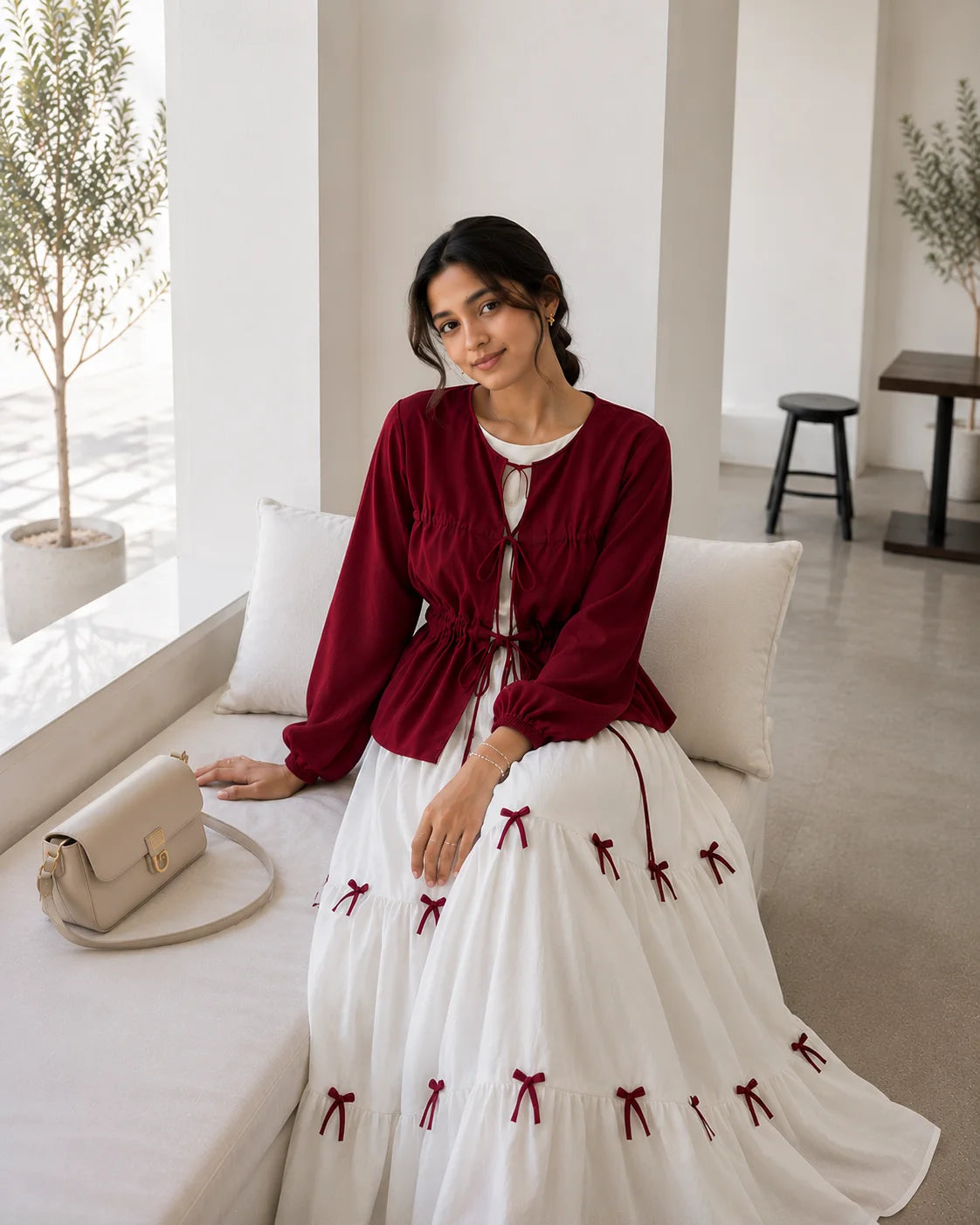 Pinterest Bow Detail White Flared Gown with Wine Cey Shrug | Yezwe Modest Wear in a stylish indoor setting