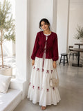 Pinterest Bow Detail White Flared Gown with Wine Cey Shrug | Yezwe Modest Wear in a stylish setting