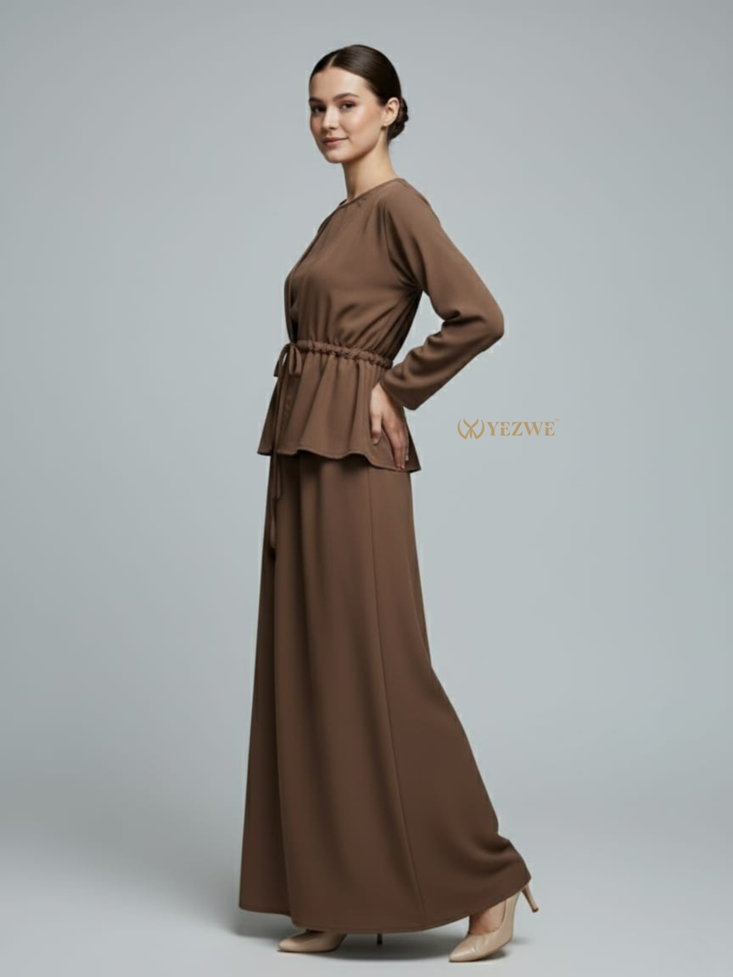 YEZWE Brown Maxi Dress with Peplum Detail, perfect for modest wear and elegant occasions