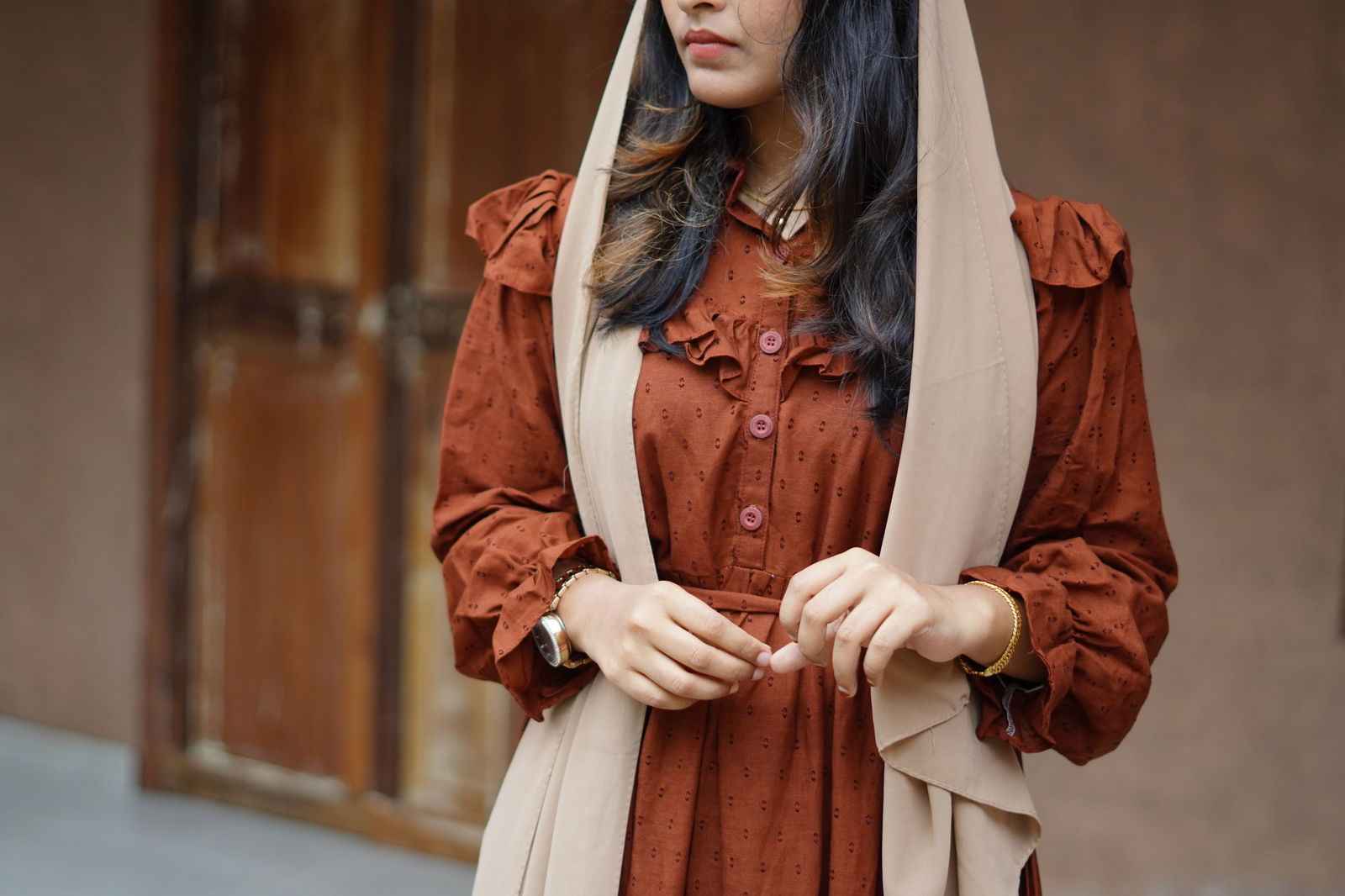 Yezwe Maxi Dress in Rust with Ruffled Sleeves for Modest Western Wear Styled with a Matching Scarf