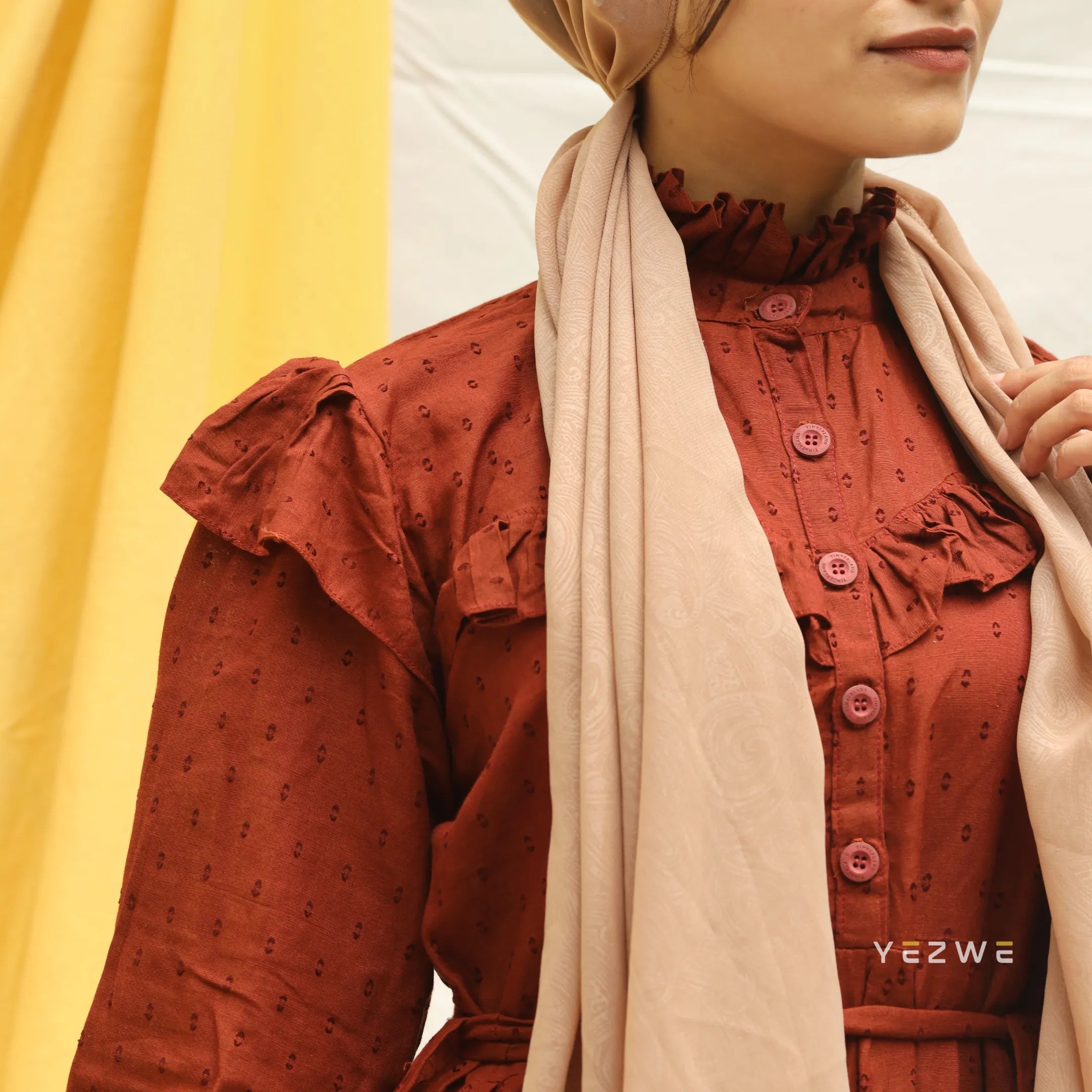 Yezwe Dotted Textured Brick Red Maxi Dress with Cloth Belt - Modest Wear - YEZWE