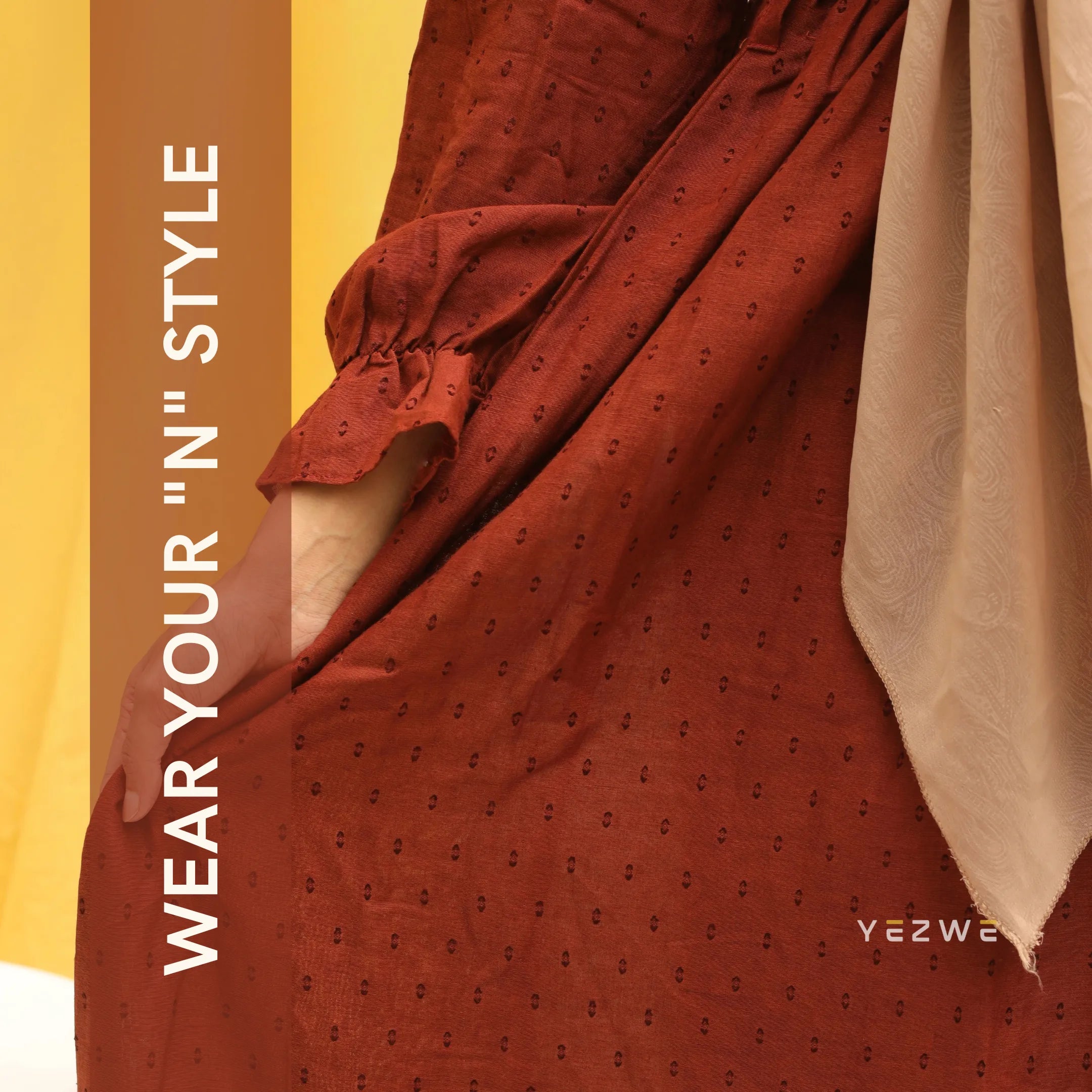 Yezwe Dotted Textured Brick Red Maxi Dress with Cloth Belt - Modest Wear - YEZWE