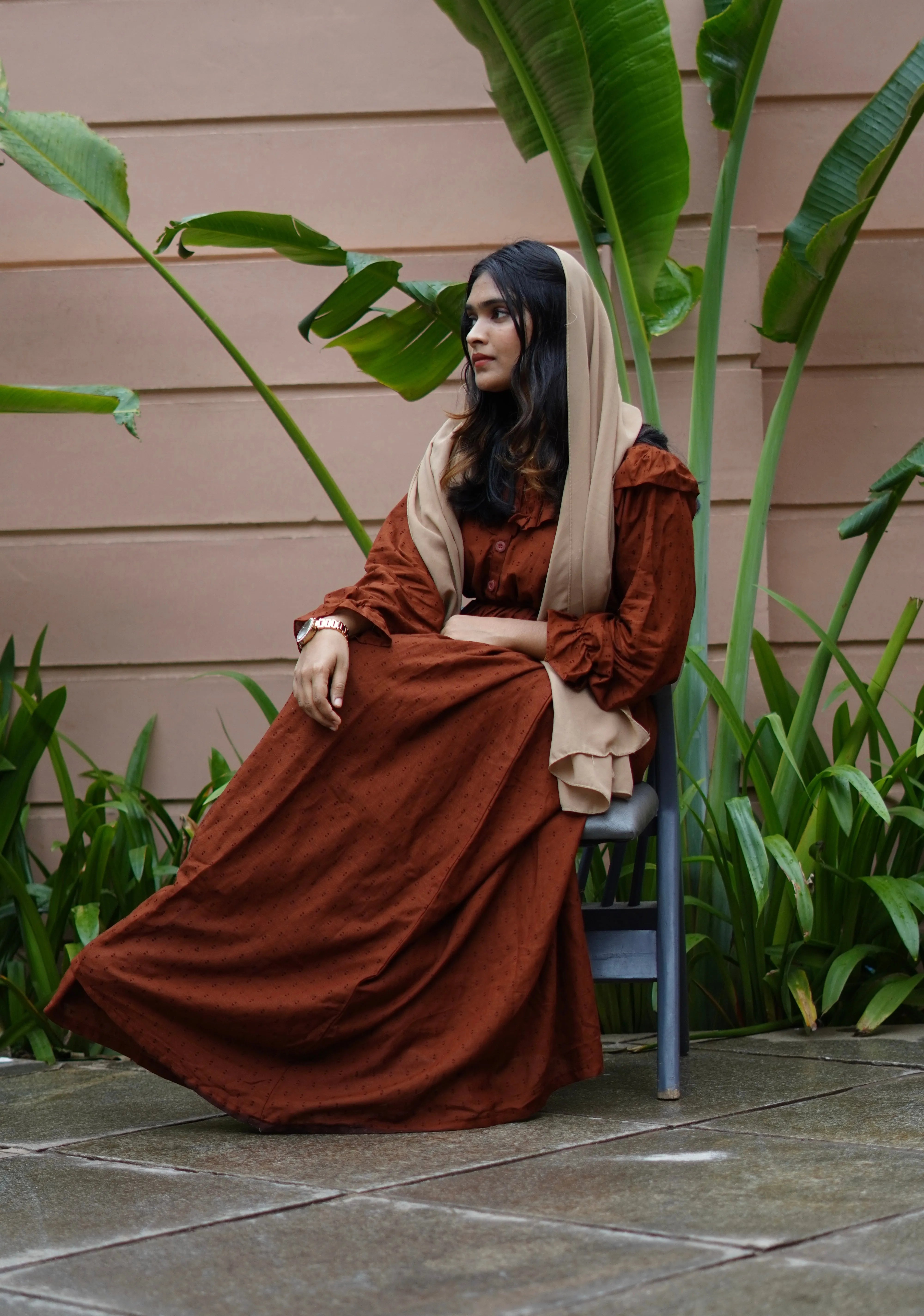 Yezwe Dotted Textured Brick Red Maxi Dress with Cloth Belt - Modest Wear - YEZWE