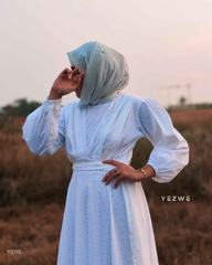 Yezwe modest white maxi dress with long sleeves and a stylish wrap design for elegant outings