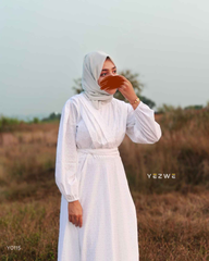 Yezwe modest white maxi dress featuring long sleeves and a flattering waist design