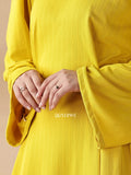 Elegant modest yellow maxi dress by YEZWE with stylish bell sleeves and textured fabric