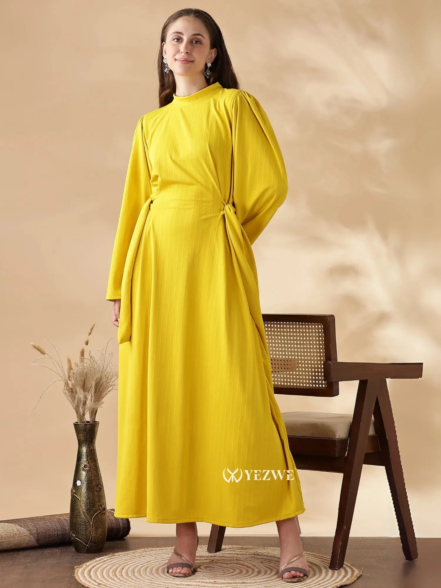 Yeziwe modest yellow maxi dress with elegant design and long sleeves for stylish comfort