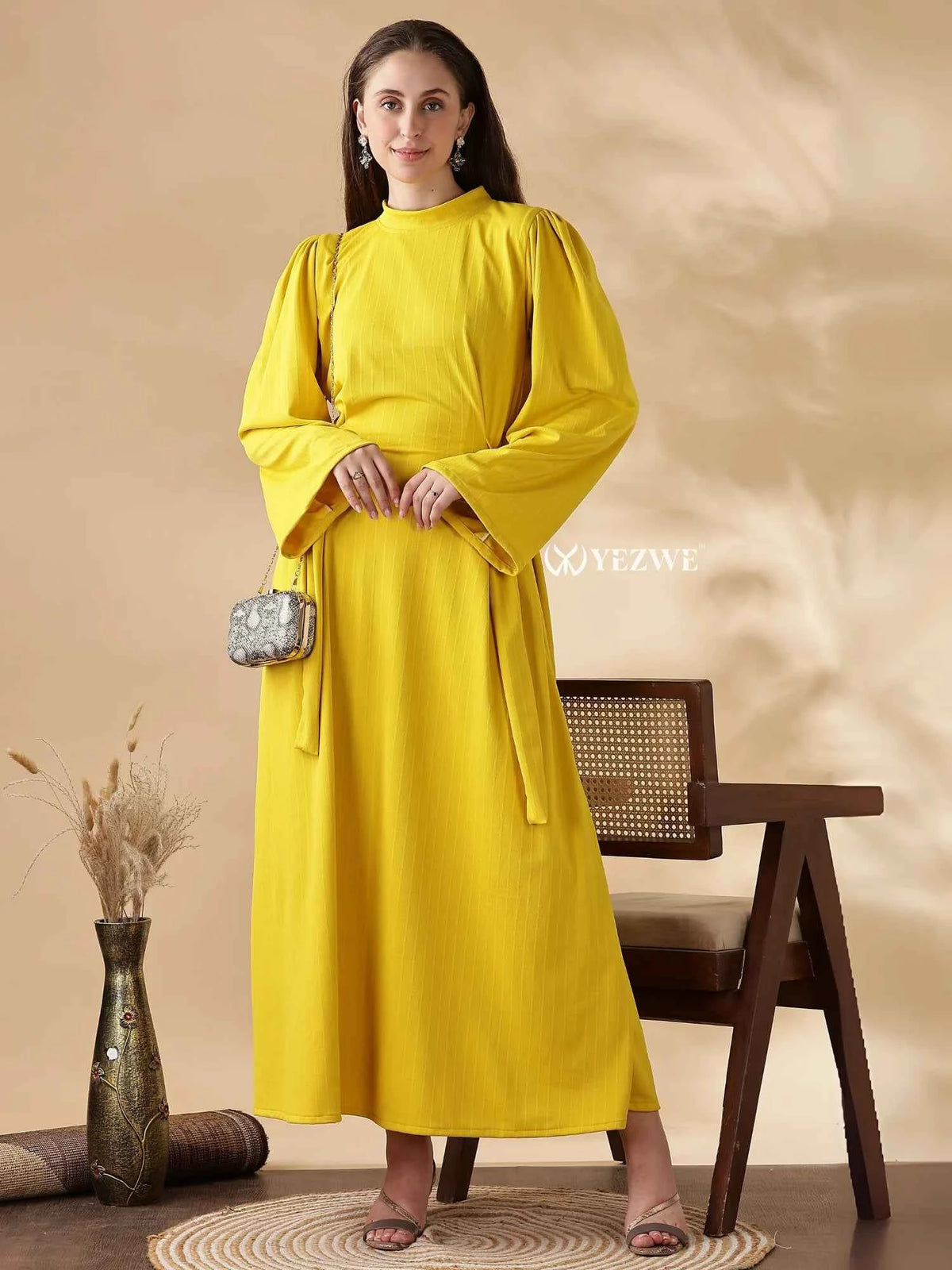 Modest yellow maxi dress by YEZWE with long sleeves and elegant design for any occasion