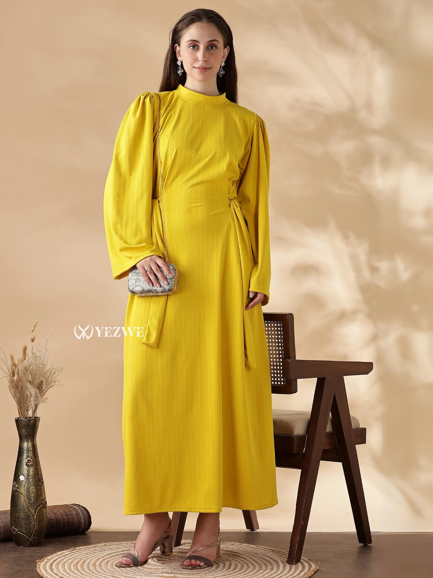 Modest yellow maxi dress by YEZWE featuring long puff sleeves and a cinched waist for an elegant look