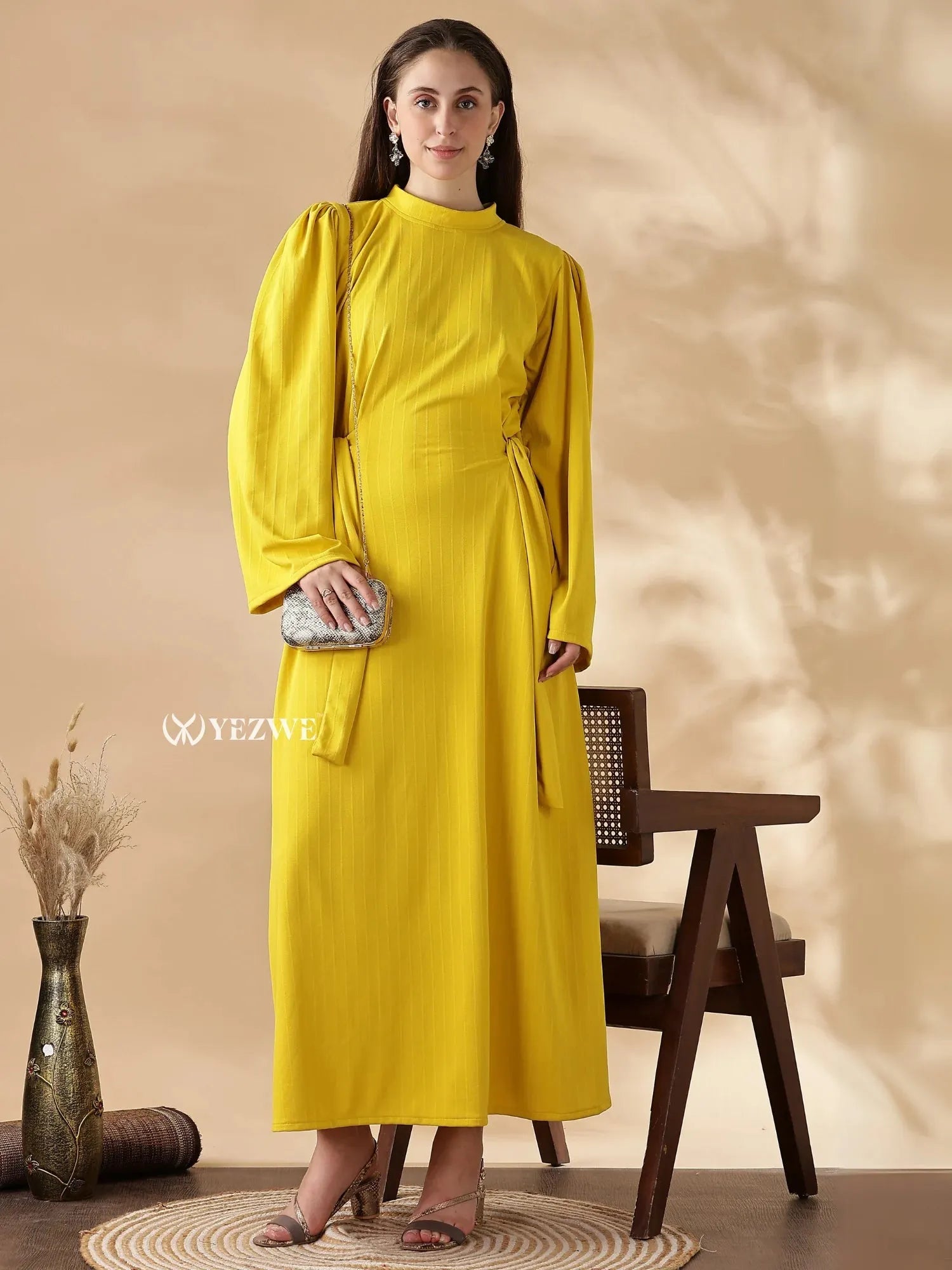 Modest yellow maxi dress by YEZWE featuring long puff sleeves and a cinched waist for an elegant look