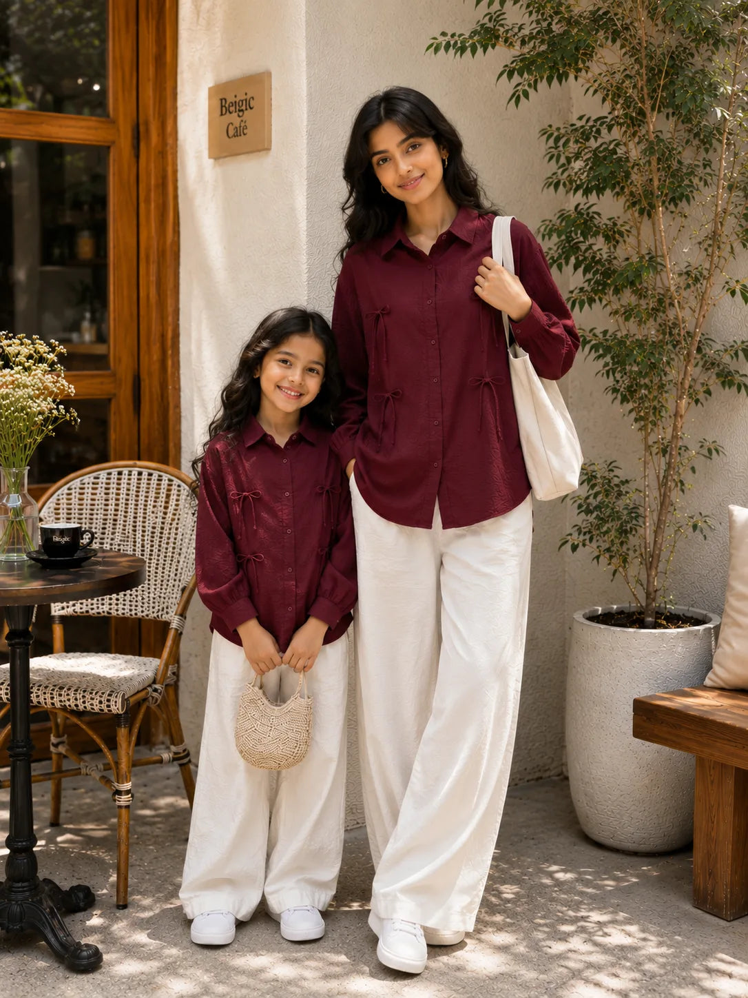 YEZWE Mom & Daughter Matching Wine Cey Co-Ord Set With Wide Leg Pants for stylish outings