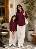 YEZWE Mom & Daughter Matching Wine Cey Co-Ord Set With Wide Leg Pants for stylish outings