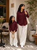 YEZWE Mom & Daughter Matching Wine Cey Co-Ord Set With Wide Leg Pants for Stylish Family Outings