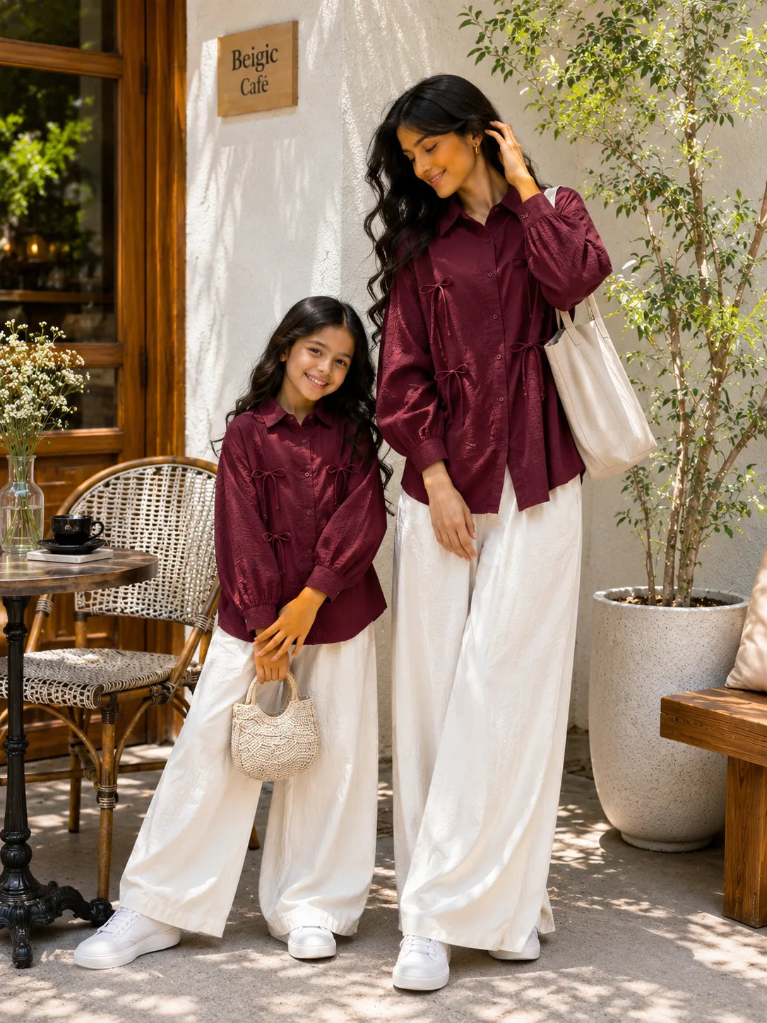 YEZWE Mom & Daughter Matching Wine Cey Co-Ord Set With Wide Leg Pants in a stylish outdoor setting
