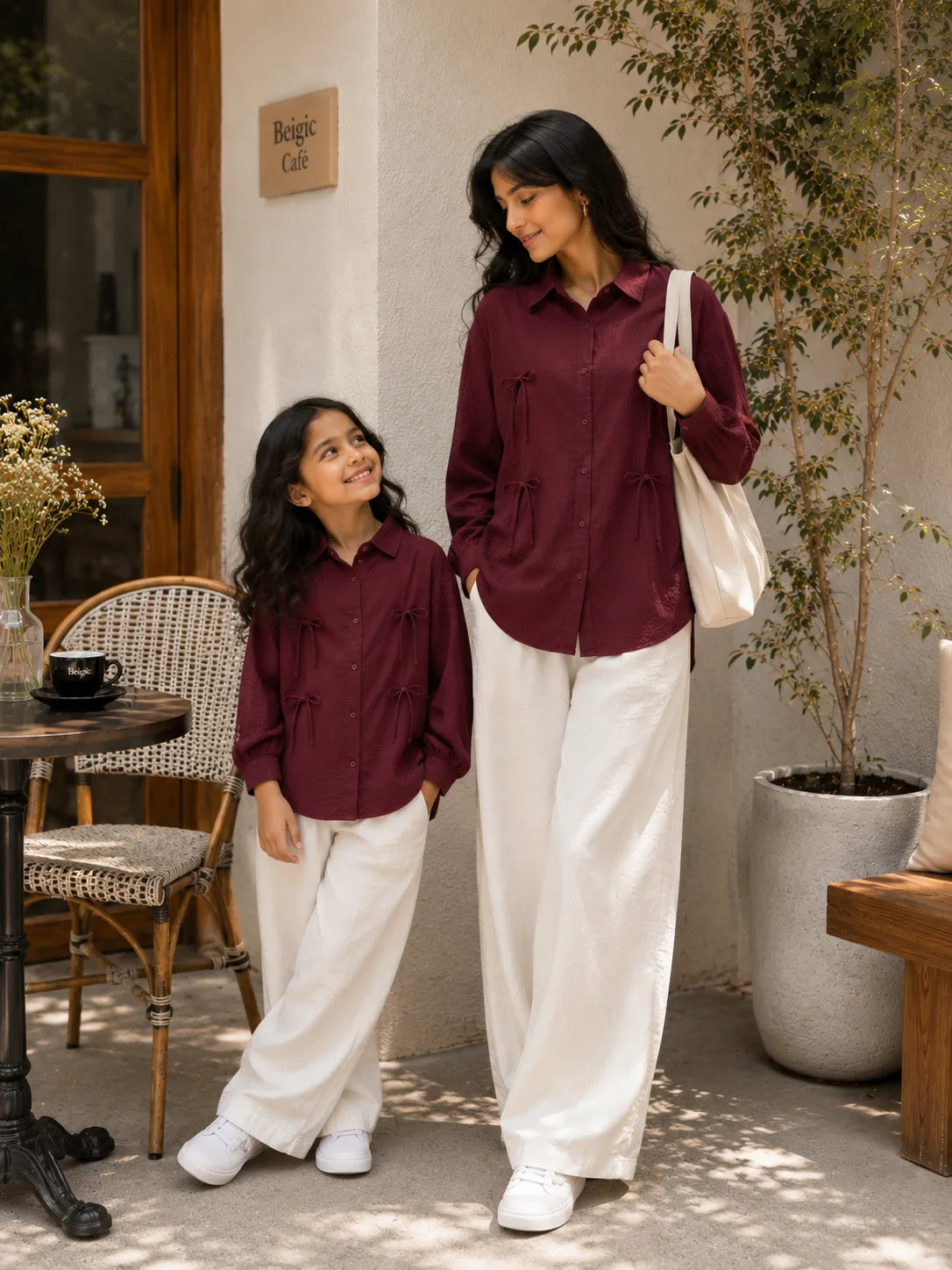 YEZWE Mom & Daughter Matching Wine Cey Co-Ord Set With Wide Leg Pants styled in a cafe setting