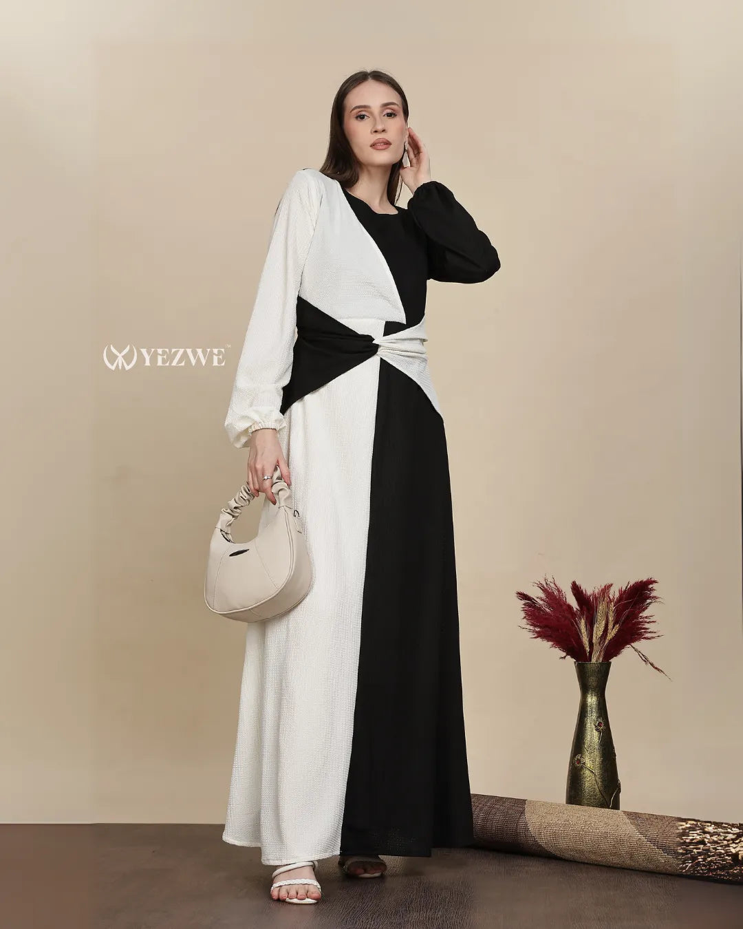YEZWE monochrome maxi dress modest with long sleeves and unique twist design for elegant occasions
