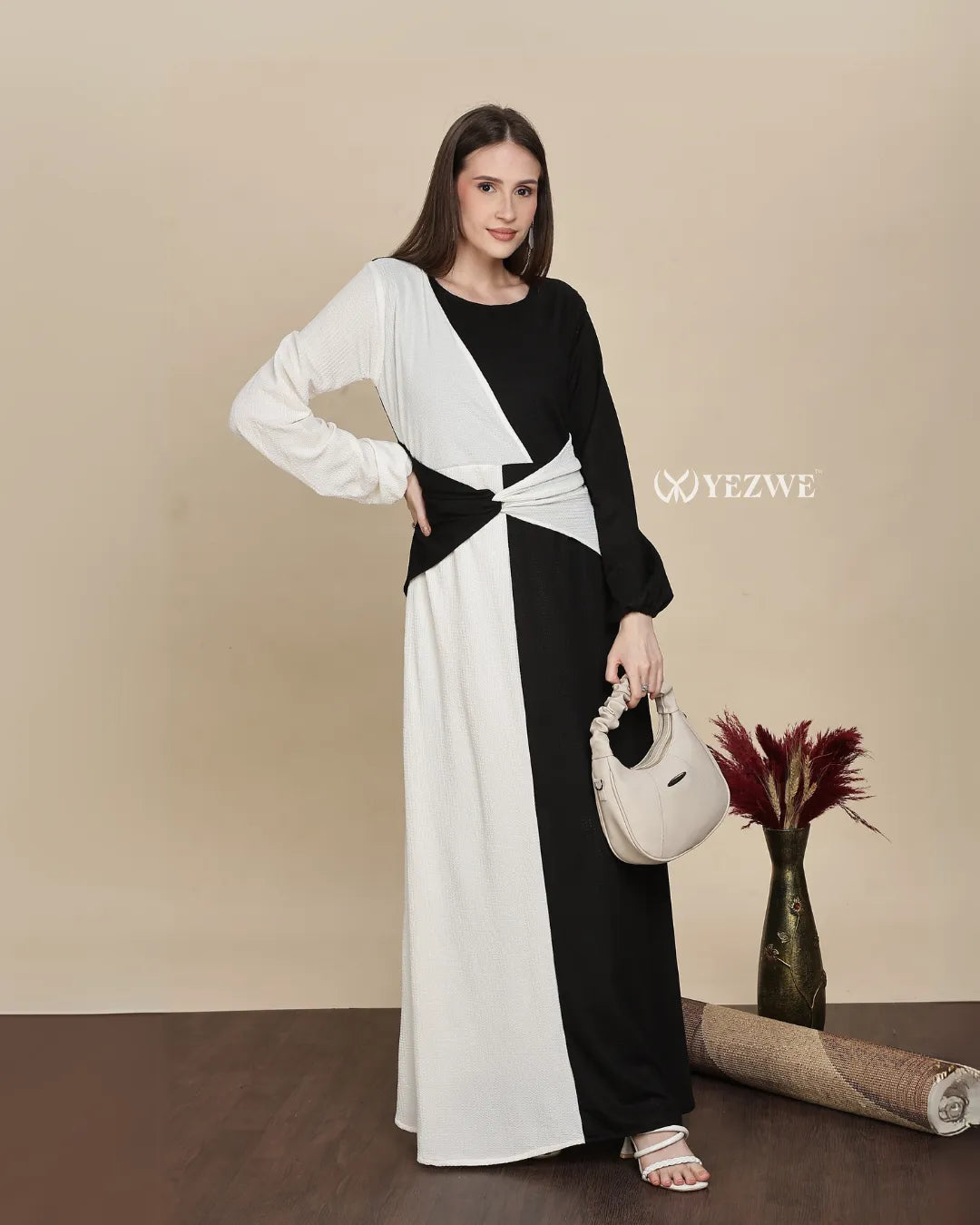 YEZWE monochrome maxi dress modest with stylish color block design and elegant silhouette