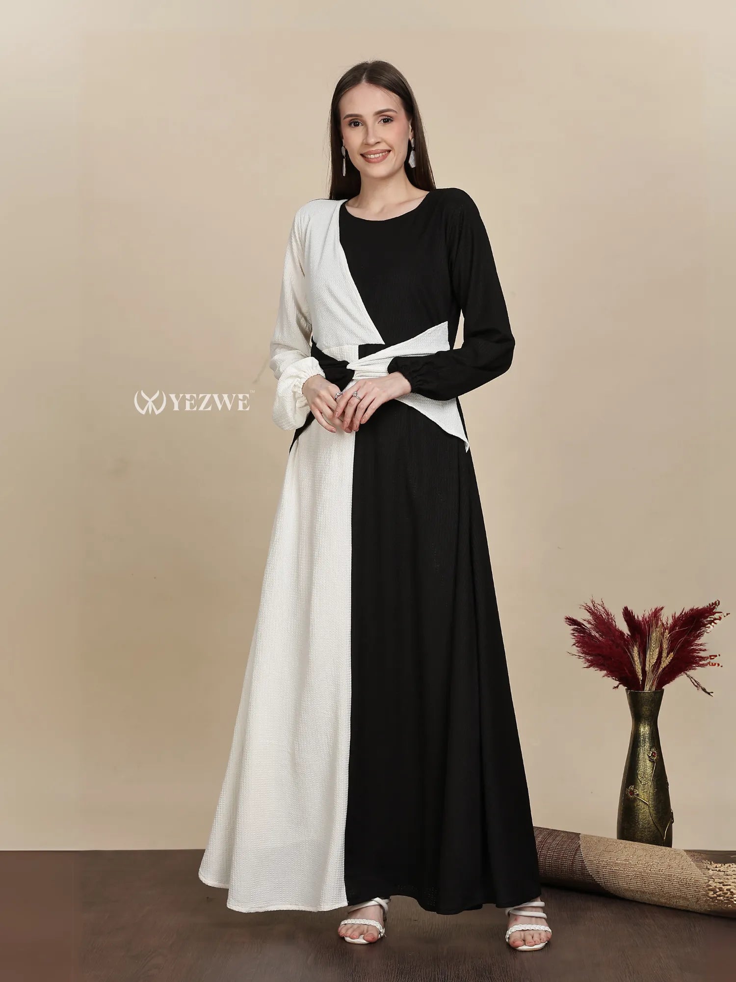 Yezwe Monochrome Wrap-Around Black and White Maxi Dress - Casual Modest Wear