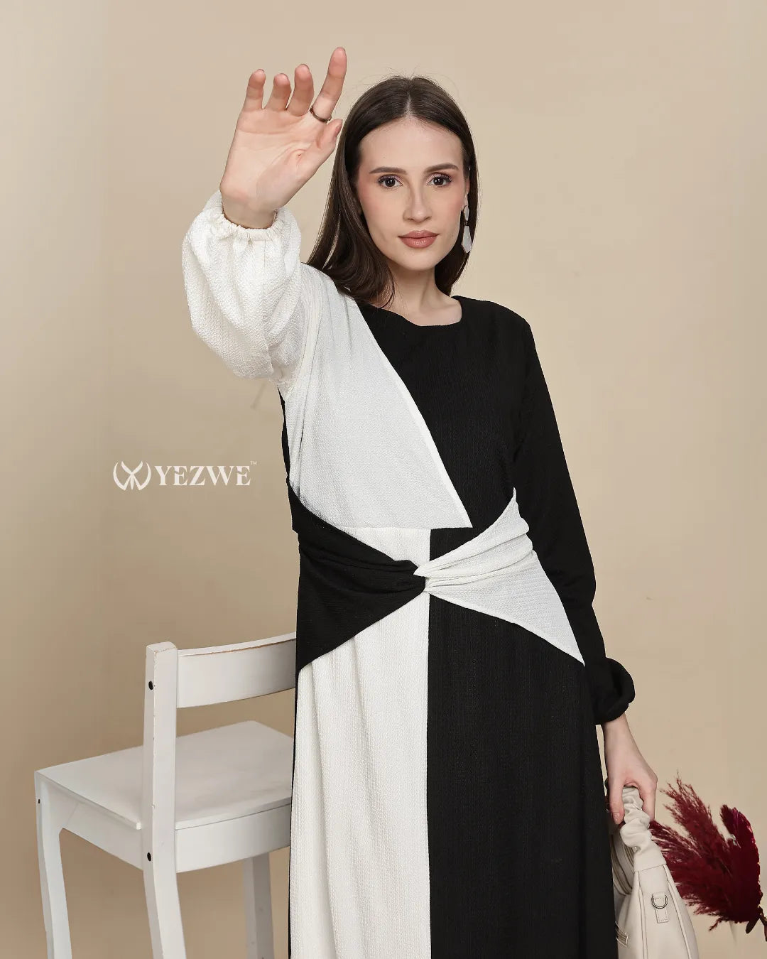 YEZWE monochrome maxi dress modest with stylish knot detail and long sleeves