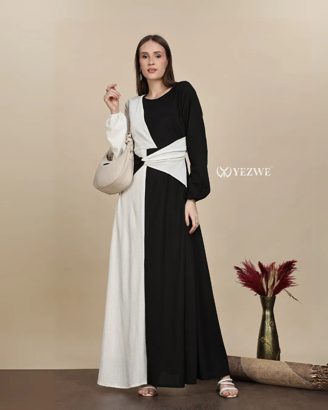 YEZWE monochrome maxi dress modest with unique color-block style and long sleeves
