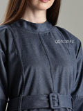 Yezwe Navy Blue Full Length Denim Modest Maxi Dress featuring a chic design and flattering belt detail
