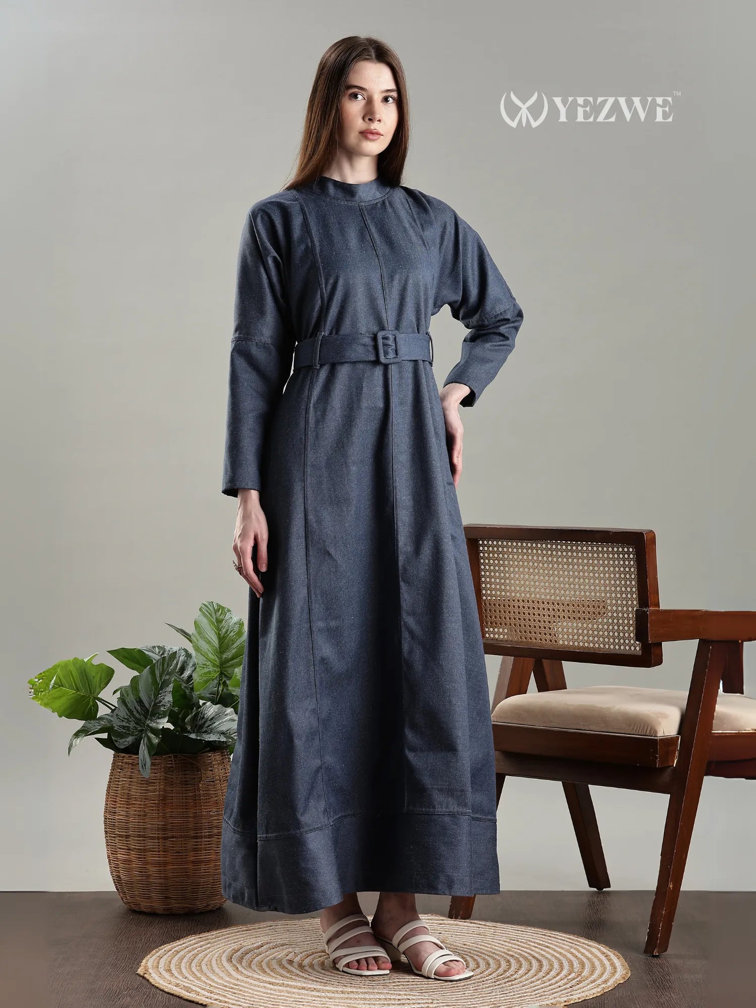 Yezwe Navy Blue Full Length Denim Modest Maxi Dress with a stylish belt and long sleeves