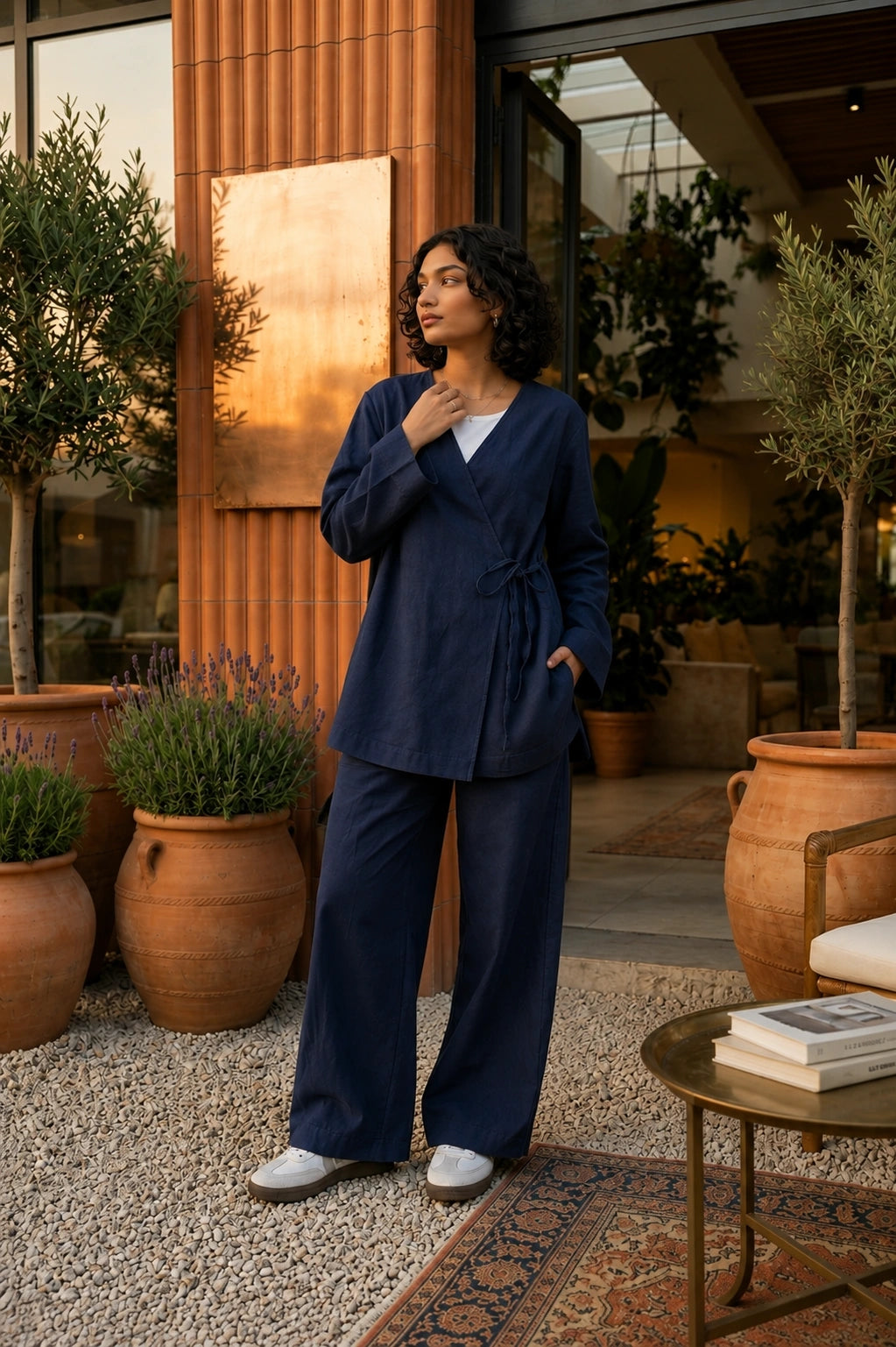 YEZWE Navy Blue Wrap Top and Wide Leg Pants Modest Co-ord Set styled outdoors in a chic setting