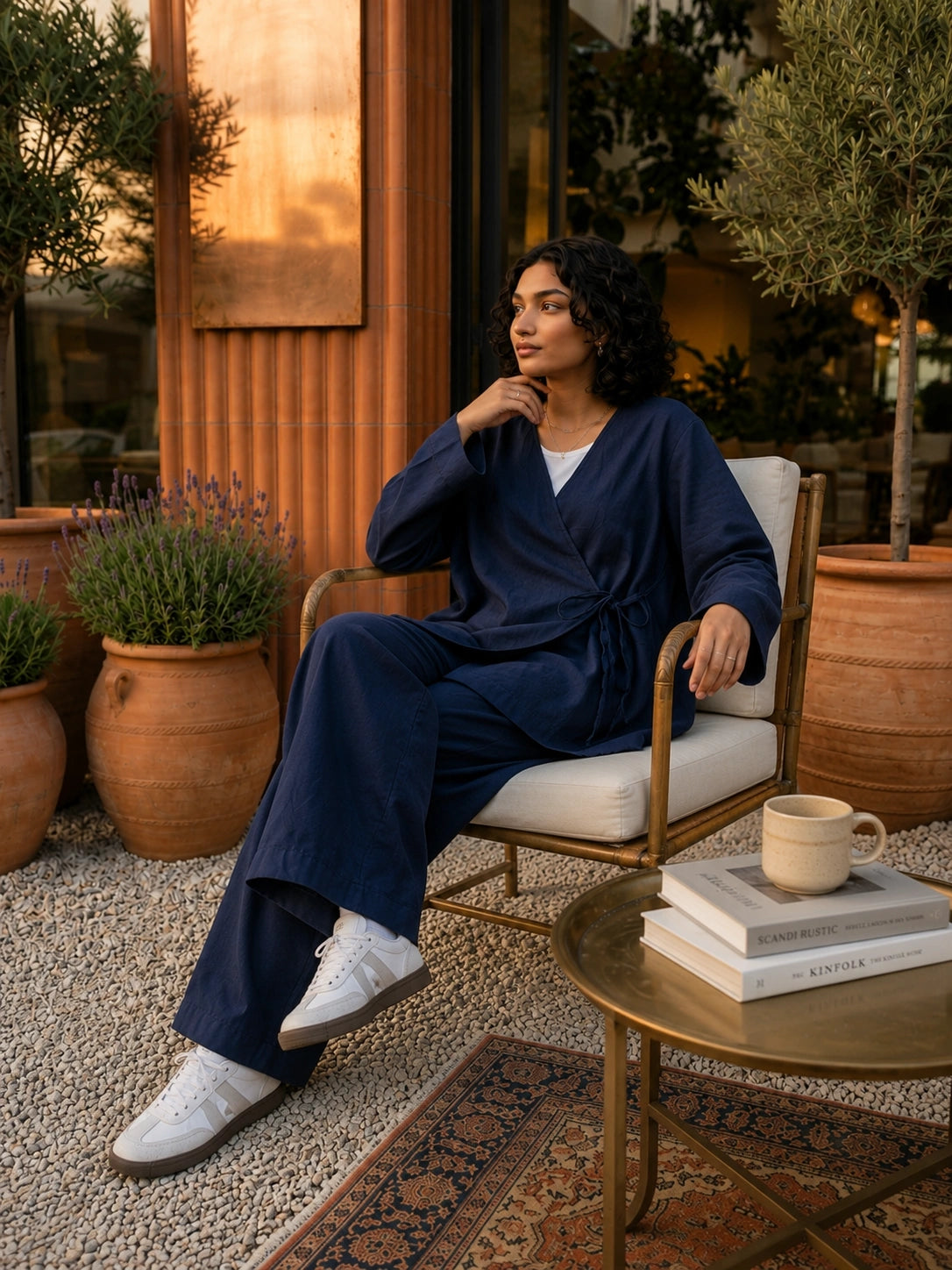 YEZWE Navy Blue Wrap Top and Wide Leg Pants Modest Co-ord Set worn by a woman in a stylish outdoor setting