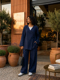 YEZWE Navy Blue Wrap Top and Wide Leg Pants Modest Co-ord Set styled elegantly outdoors