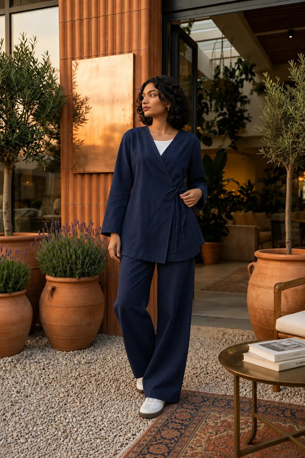 YEZWE Navy Blue Wrap Top and Wide Leg Pants Modest Co-ord Set showcased in an outdoor setting