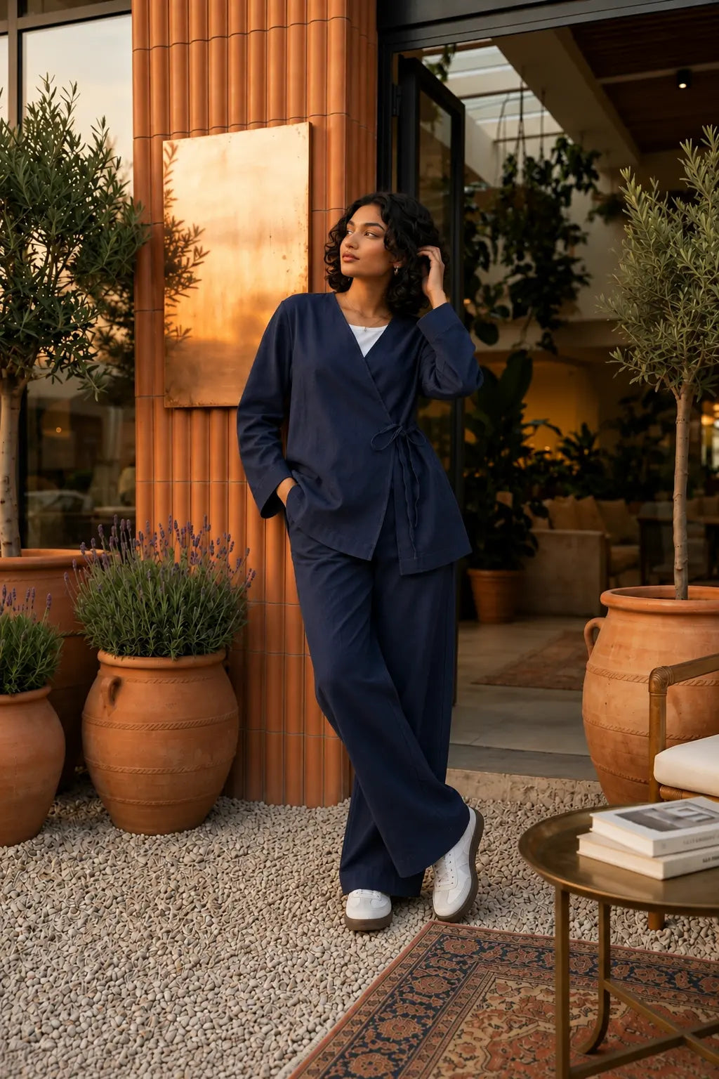 YEZWE Navy Blue Wrap Top and Wide Leg Pants Modest Co-ord Set styled outdoors with elegant greenery