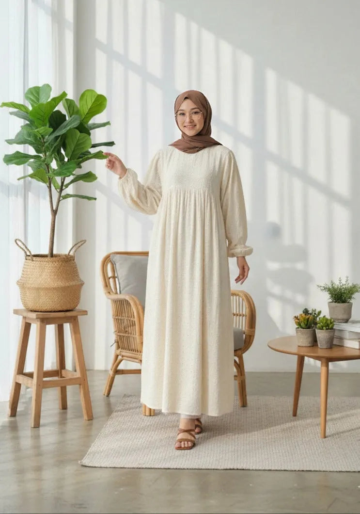 Off White Maxi Dress with long sleeves and a relaxed fit, perfect for casual or formal occasions