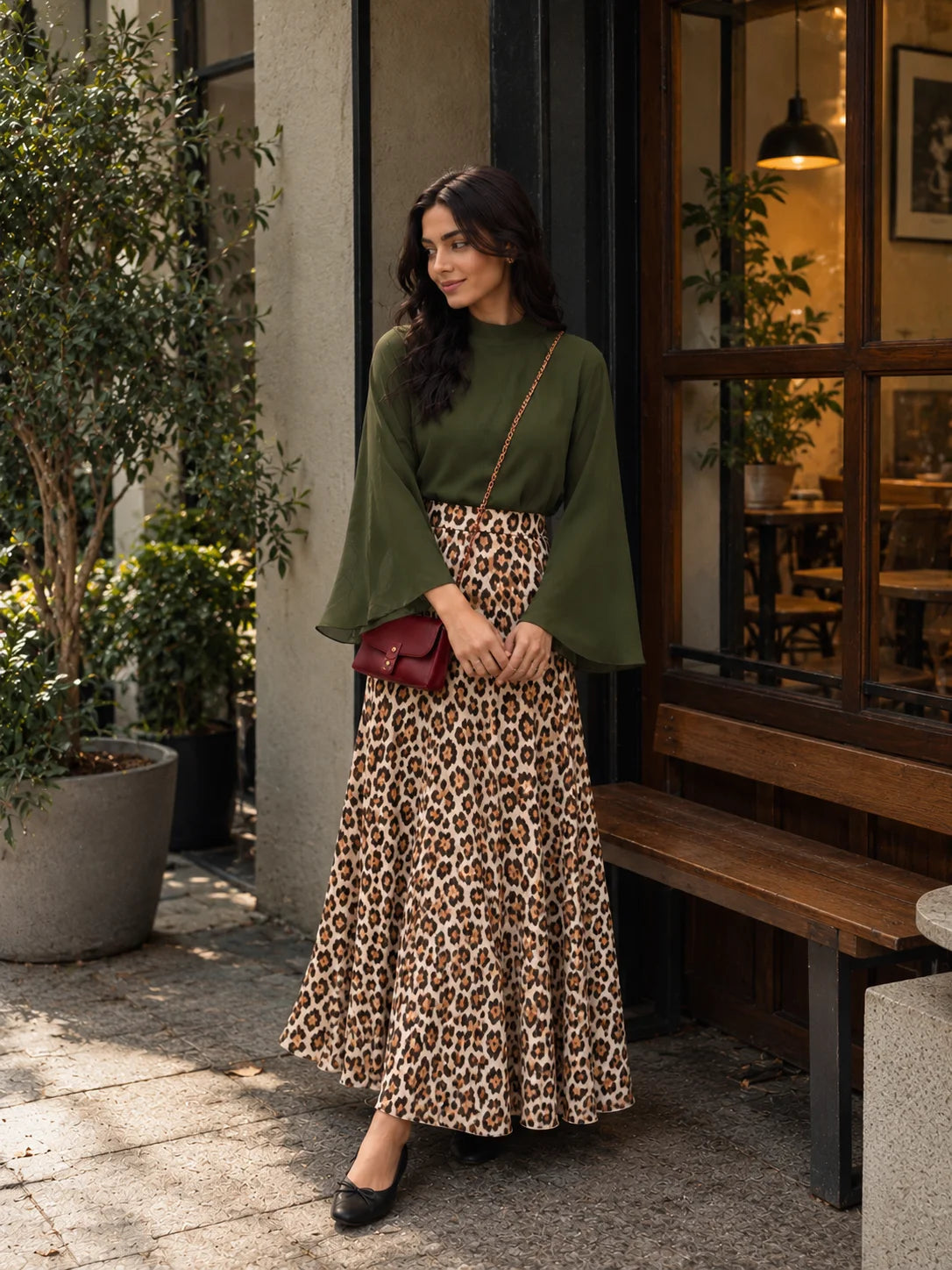 YEZWE Olive Green Bell Sleeve Blouse & Leopard Print High Waist Maxi Skirt Two-Piece Set worn outside a cafe