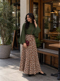 YEZWE Olive Green Bell Sleeve Blouse & Leopard Print High Waist Maxi Skirt Two-Piece Set on a woman outdoors