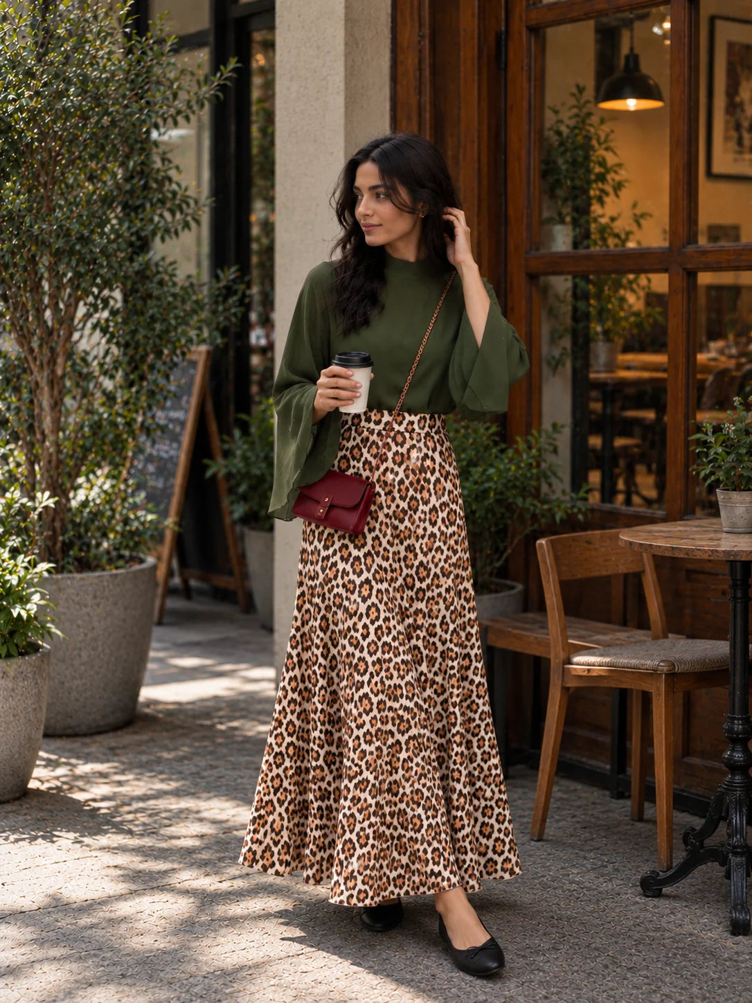 YEZWE Olive Green Bell Sleeve Blouse & Leopard Print High Waist Maxi Skirt Two-Piece Set styled outdoors