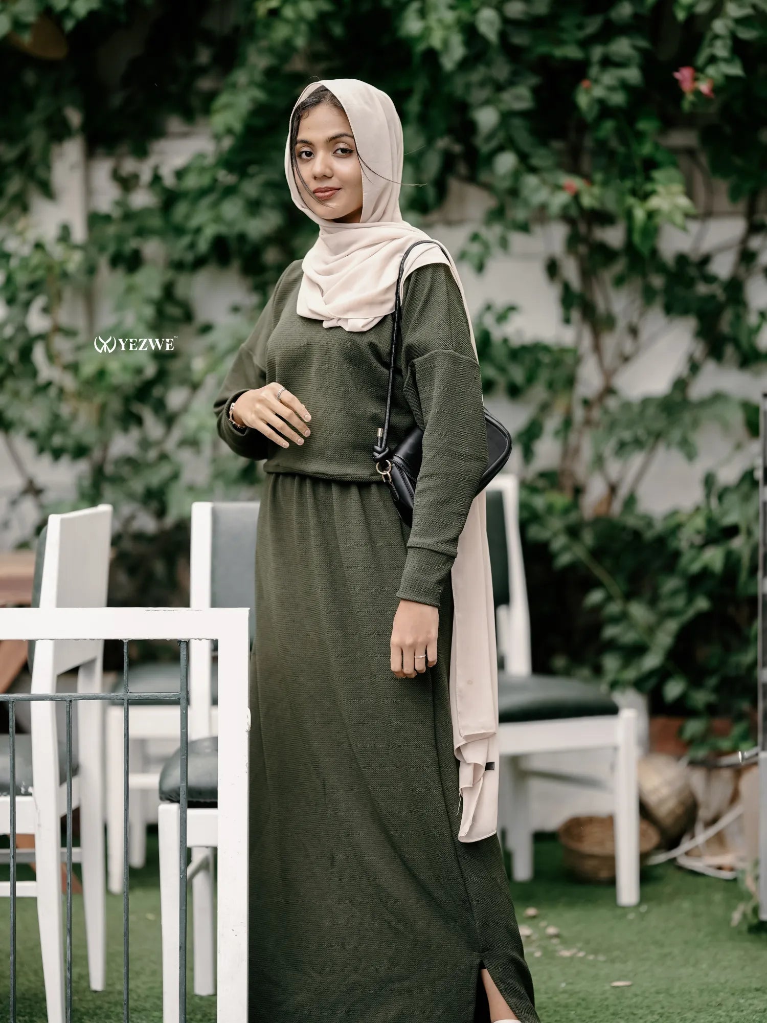 Olive Green Modest Co-Ord Set - Stylish Top and Skirt | YEZWE Olive Green Modest Co-Ord Set - Stylish Top and Skirt | YEZWE
