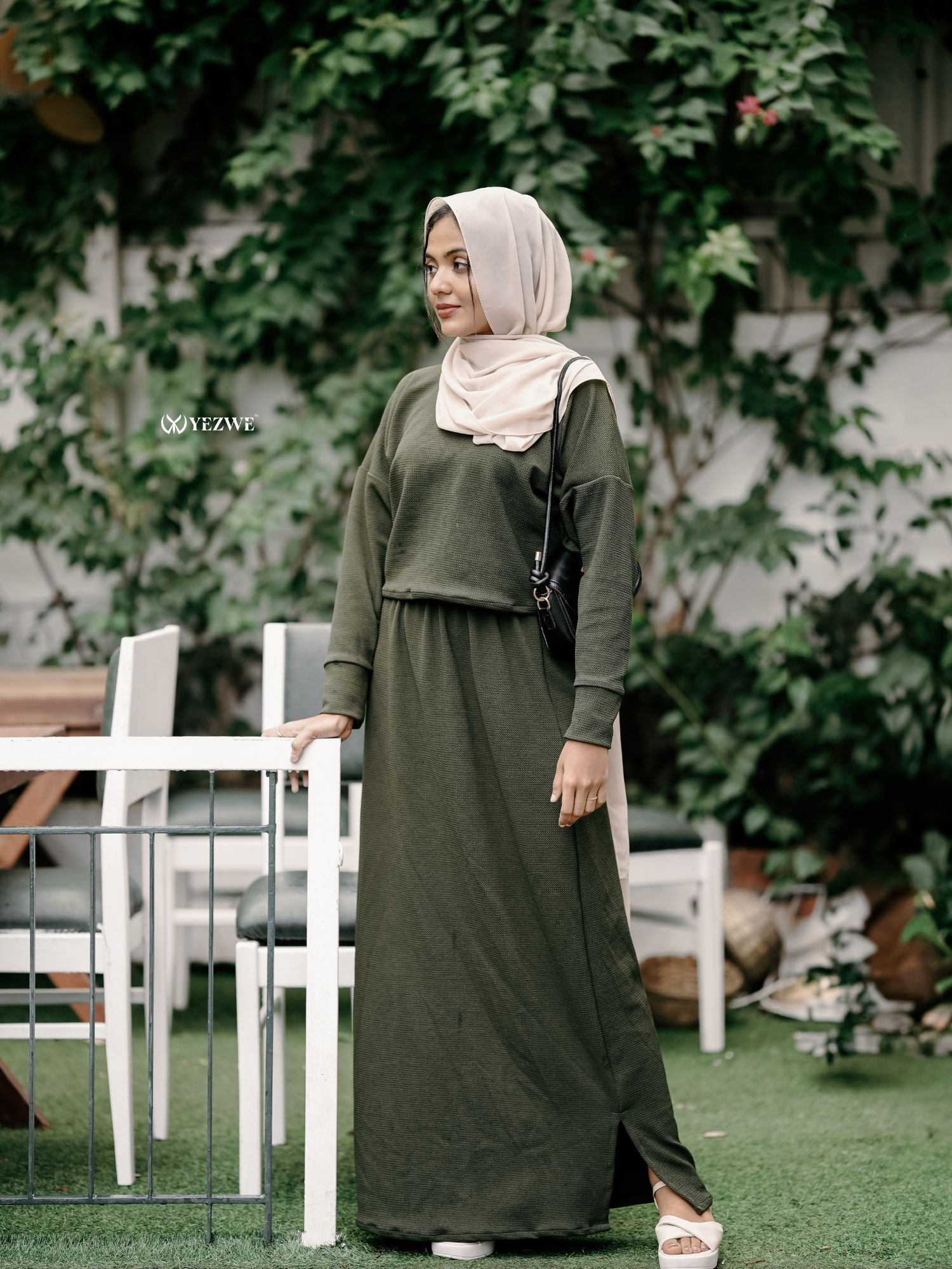 Olive green modest co-ord set by Yezwe featuring a matching top and long skirt for a chic look