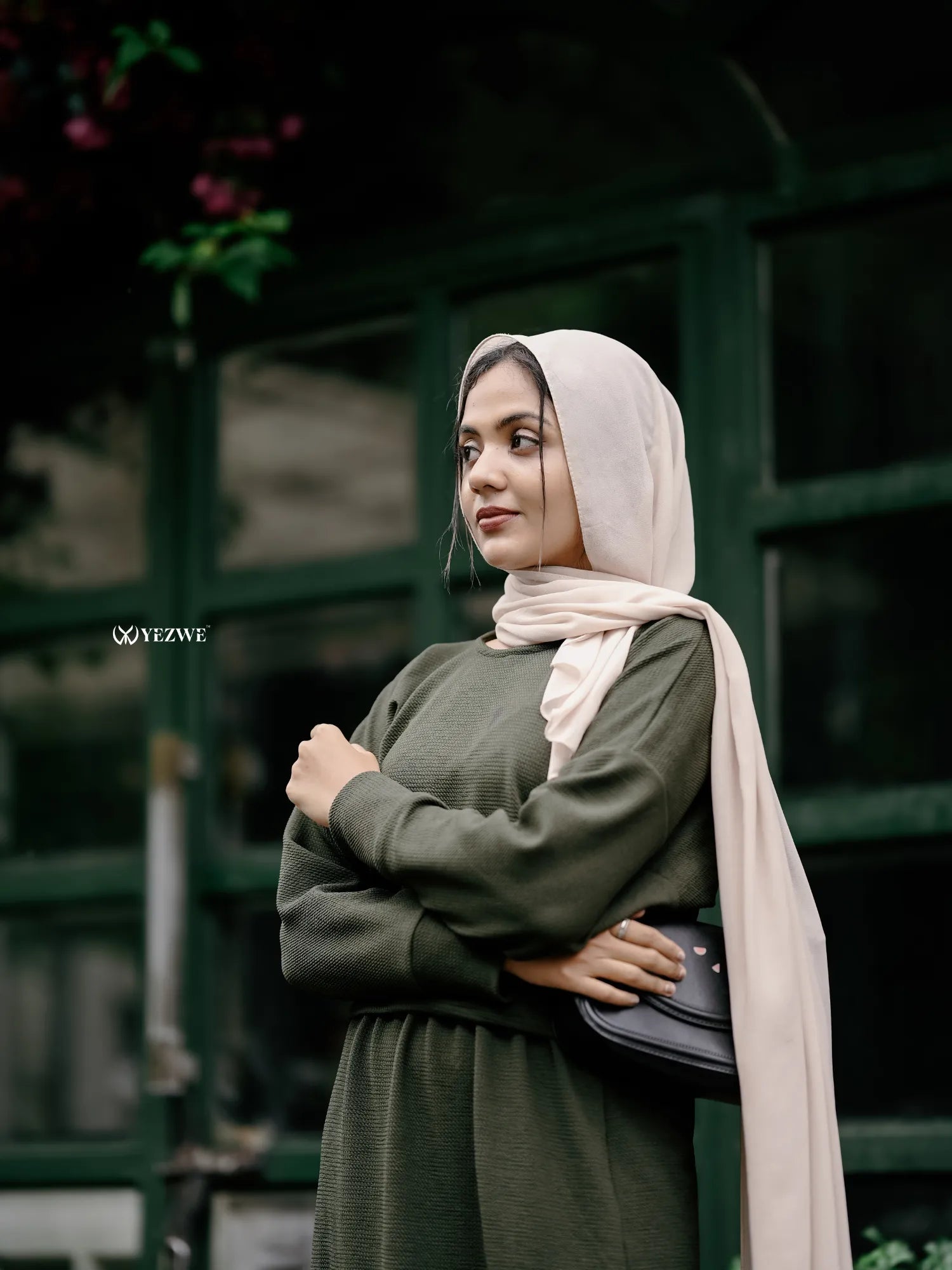 Olive green modest co-ord set from Yezwe featuring a stylish top and skirt, perfect for elegant occasions.