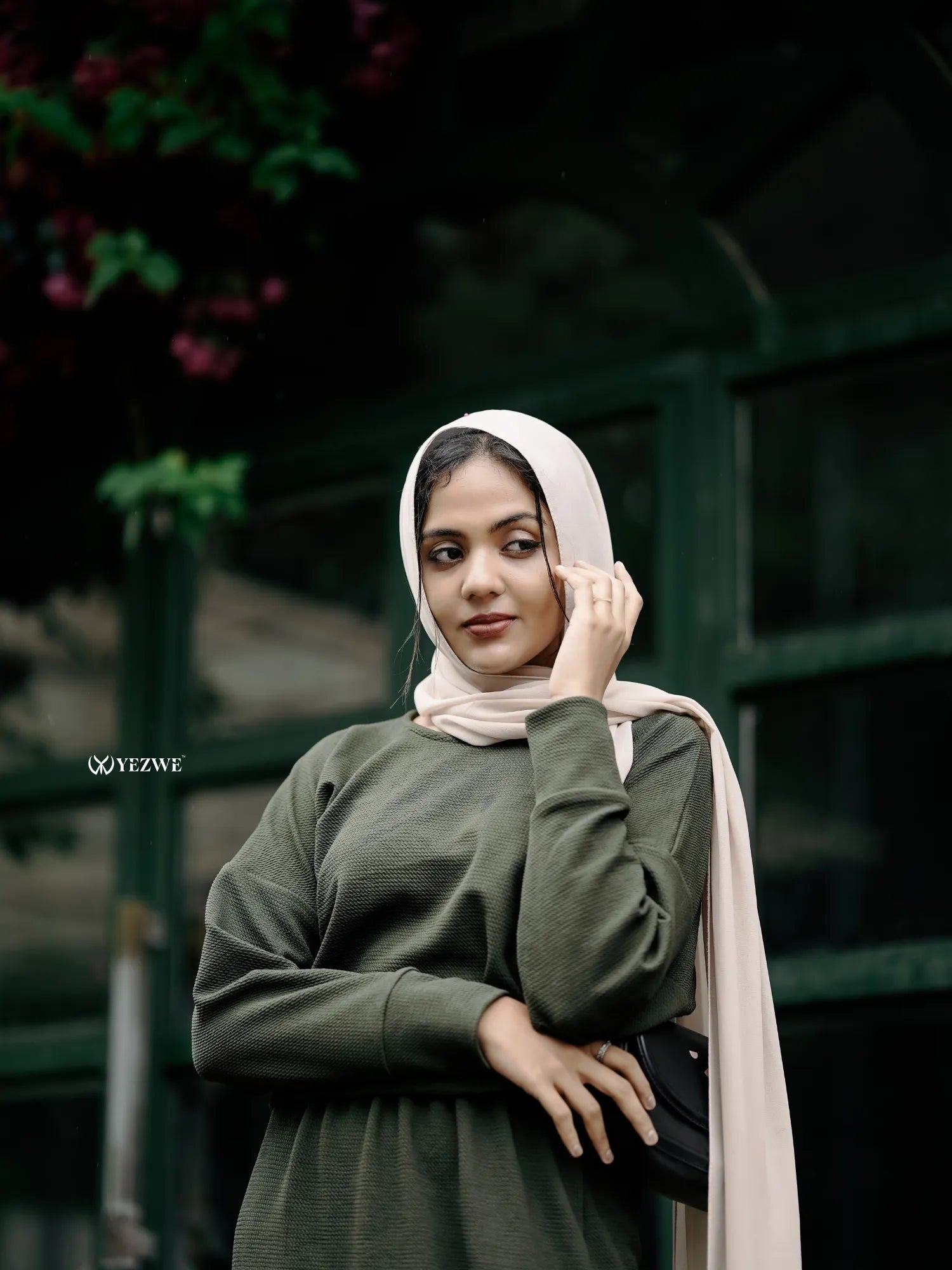 Olive green modest co-ord set featuring a stylish top and skirt, perfect for elegant occasions