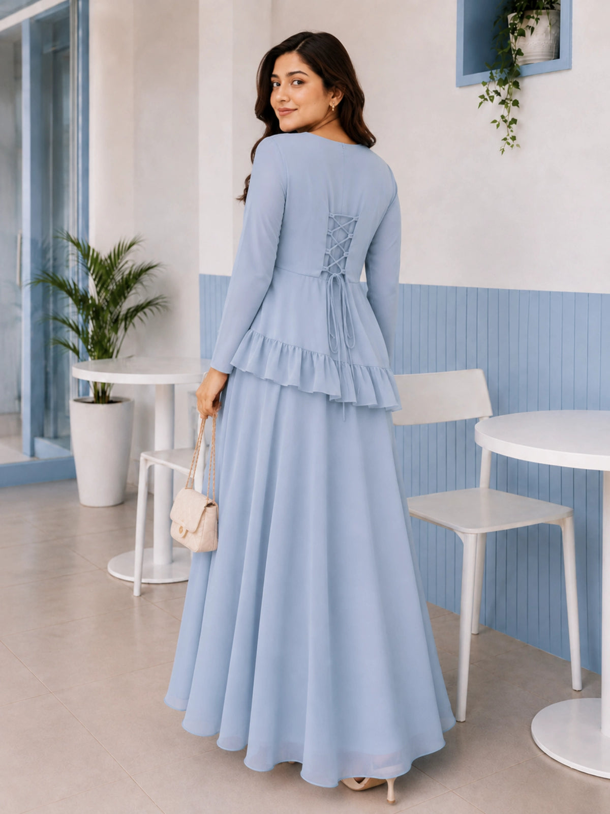 YEZWE Pastel Blue Faux Georgette Asymmetric Ruffle Maxi Gown featuring a stylish peplum detail and elegant back design