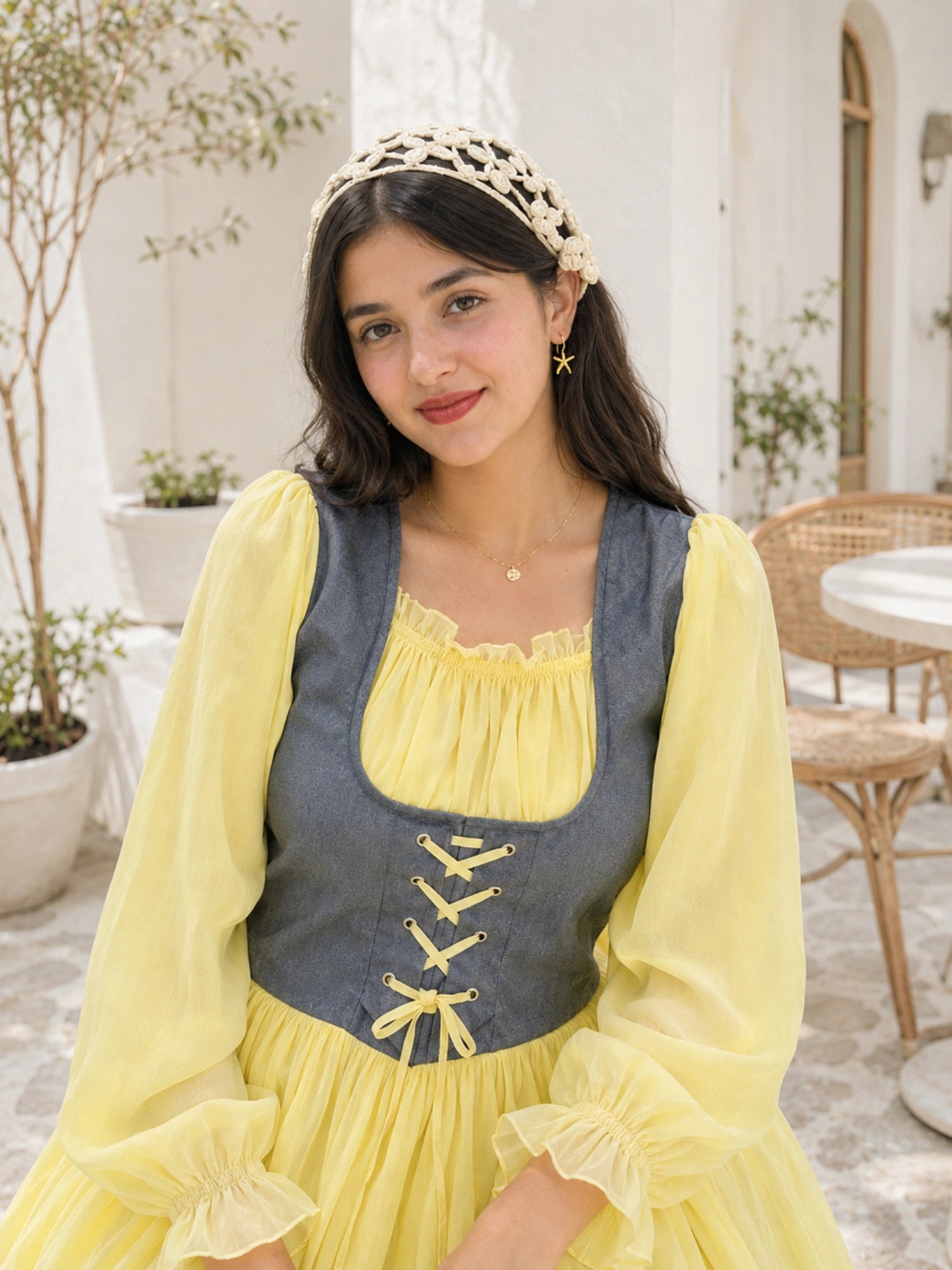 Yezwe Pastel Yellow Georgette Modest Corset Maxi Dress With Denim Bodice featuring puff sleeves and lace-up detail