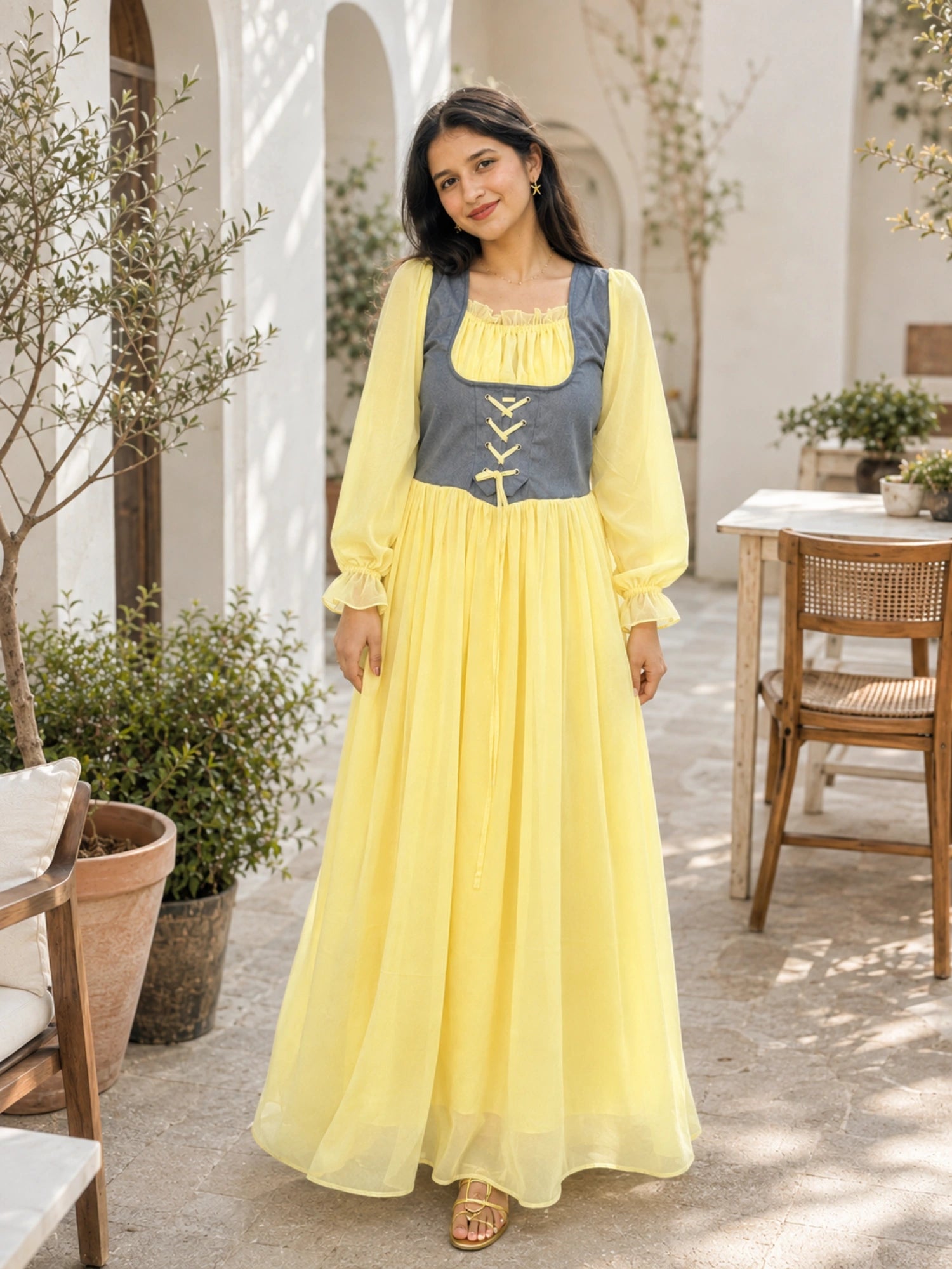 Yezwe Pastel Yellow Georgette Modest Corset Maxi Dress With Denim Bodice, perfect for stylish occasions