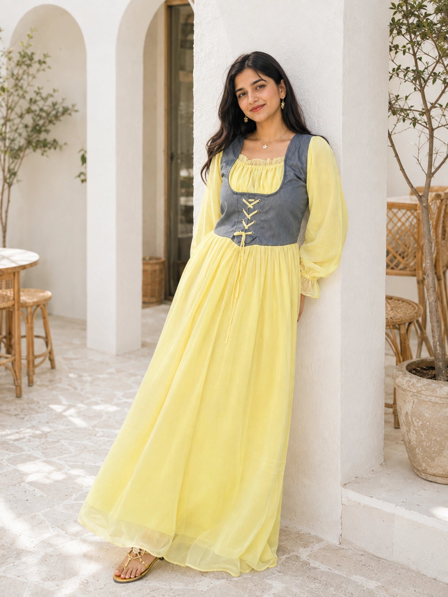 Yezwe Pastel Yellow Georgette Modest Corset Maxi Dress With Denim Bodice in a stylish outdoor setting