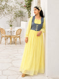 Yezwe Pastel Yellow Georgette Modest Corset Maxi Dress With Denim Bodice in outdoor setting
