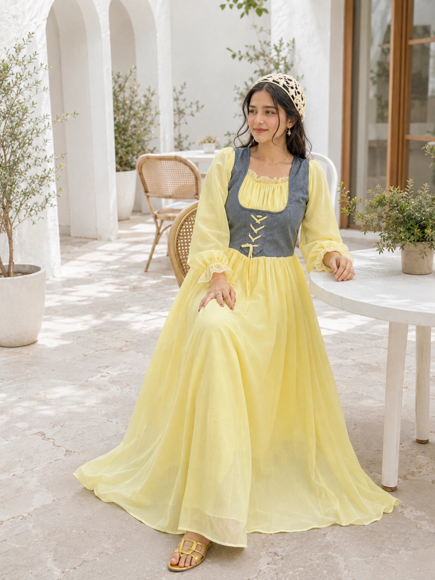 Yezwe Pastel Yellow Georgette Modest Corset Maxi Dress With Denim Bodice Styled Outdoors