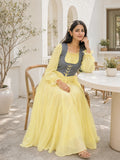 Yezwe Pastel Yellow Georgette Modest Corset Maxi Dress With Denim Bodice displayed by a model outdoors