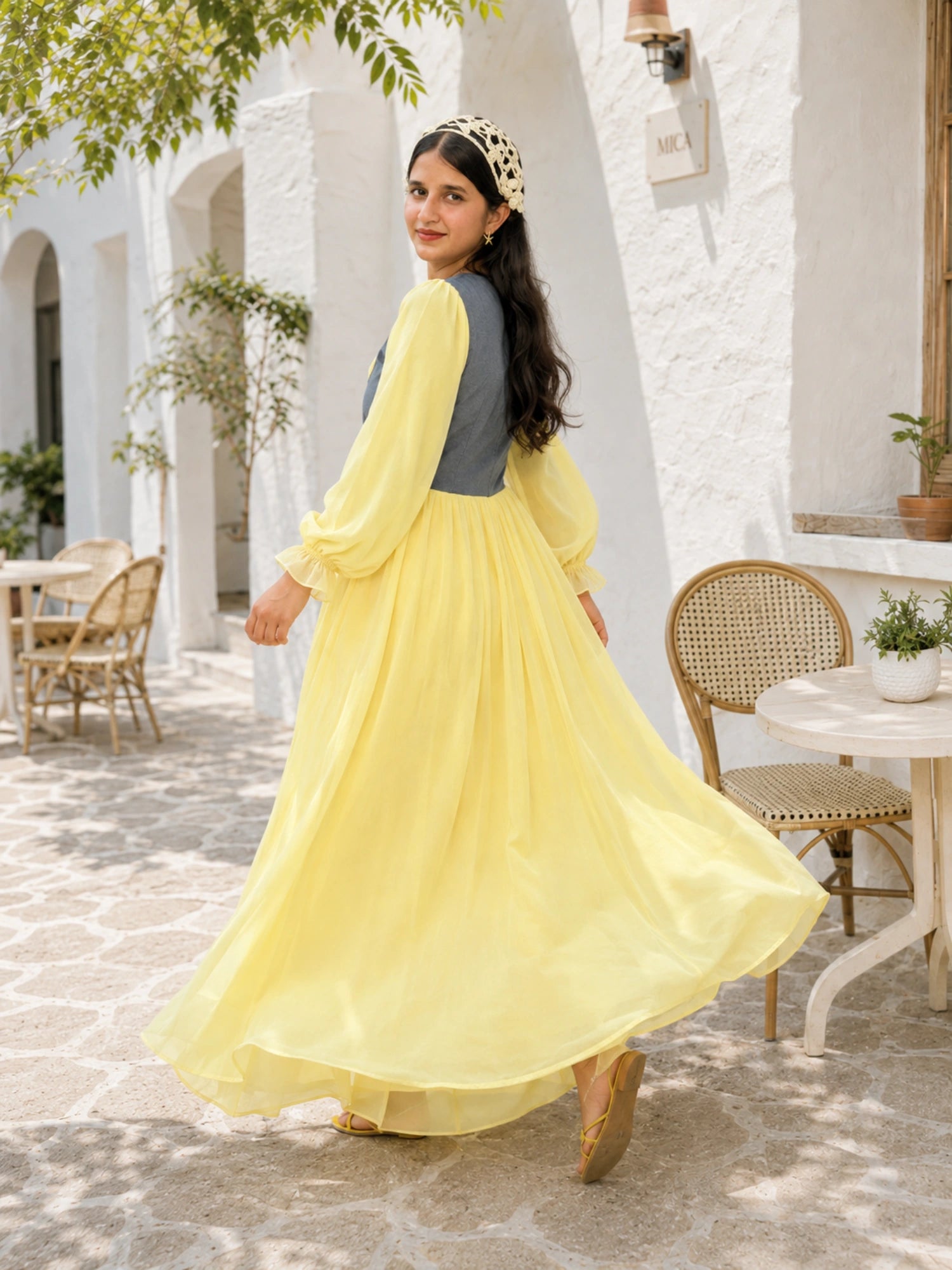 Yezwe Pastel Yellow Georgette Modest Corset Maxi Dress With Denim Bodice in a sunny outdoor setting