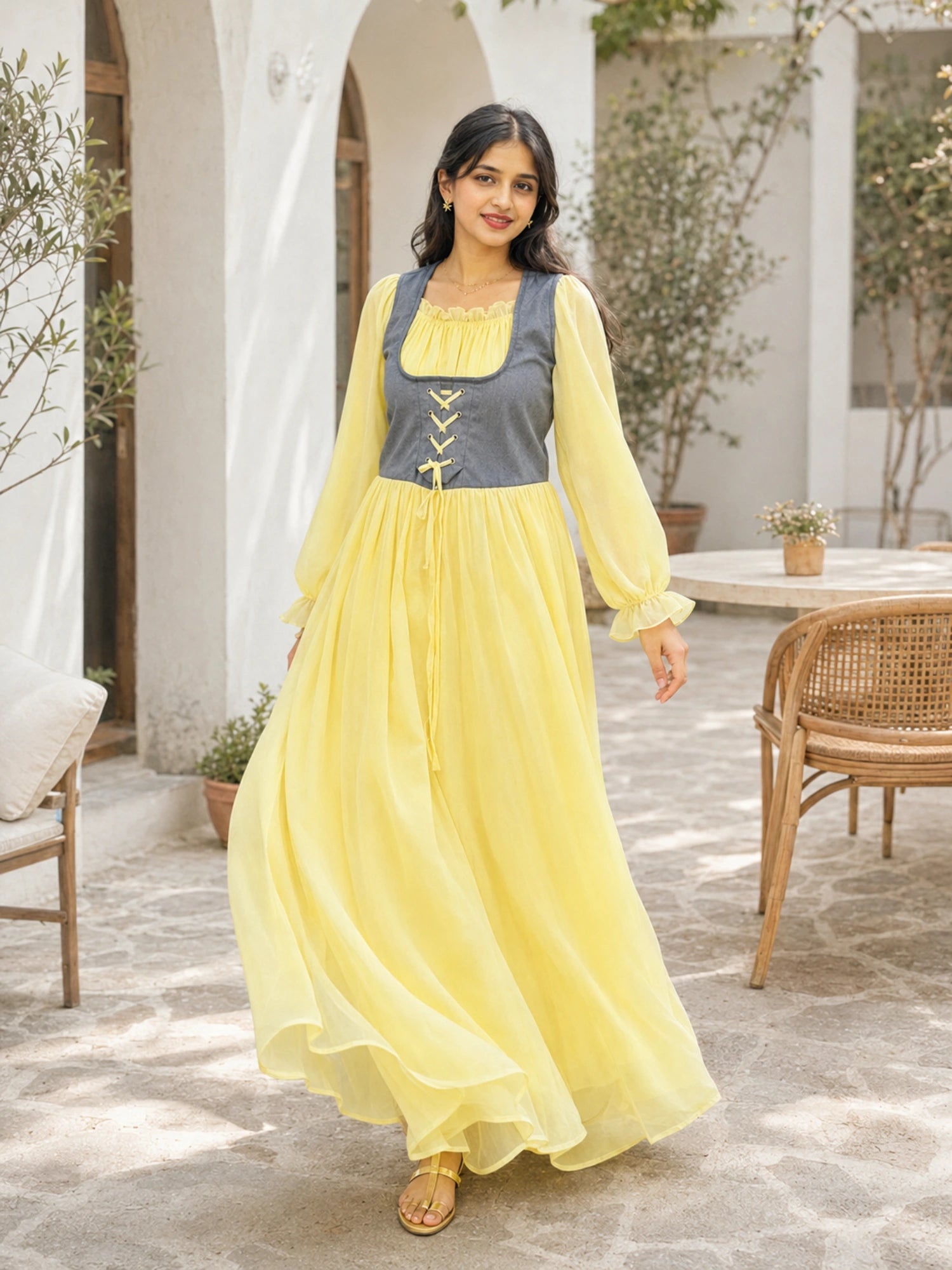 Yezwe Pastel Yellow Georgette Modest Corset Maxi Dress With Denim Bodice, Perfect for elegant occasions.